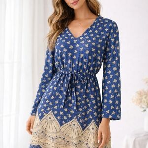 Blue Boho Tunic Dress Retro 70s Style Print Tie Waist Medium